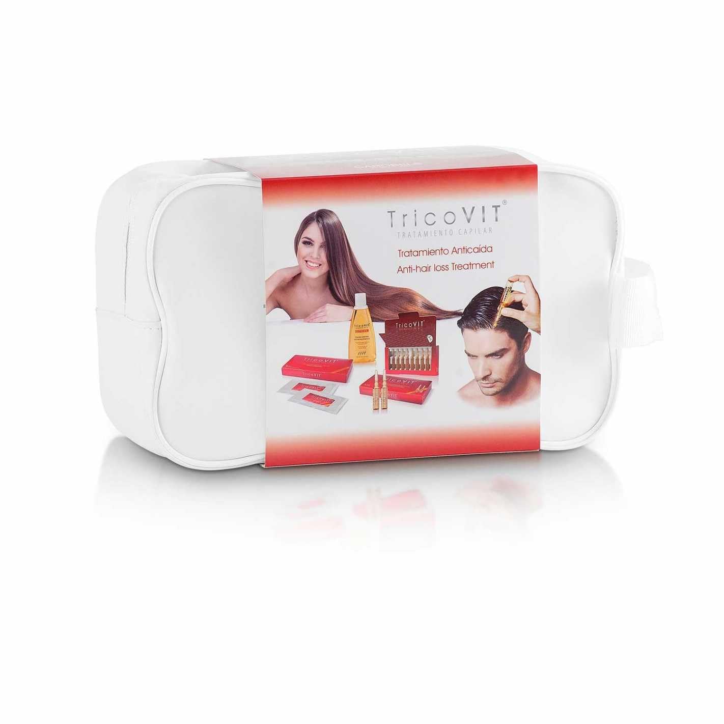 TricoVIT Pack Anticaída Cabello Hombre y Mujer – 10 Ampollas Anticaída + 28 Parches Capilares + Champú Anticaída + Neceser | Tratamiento Capilar Completo para Frenar la Caída y Fortalecer el Pelo