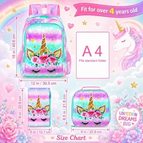 Image of CCJPX 3PCS Unicorn Backpack for Girls, 16 inchKids Bookbag with Lunch Box, Cute Water Resistant Elementary School Bag for Kindergarten Preschool Toddler