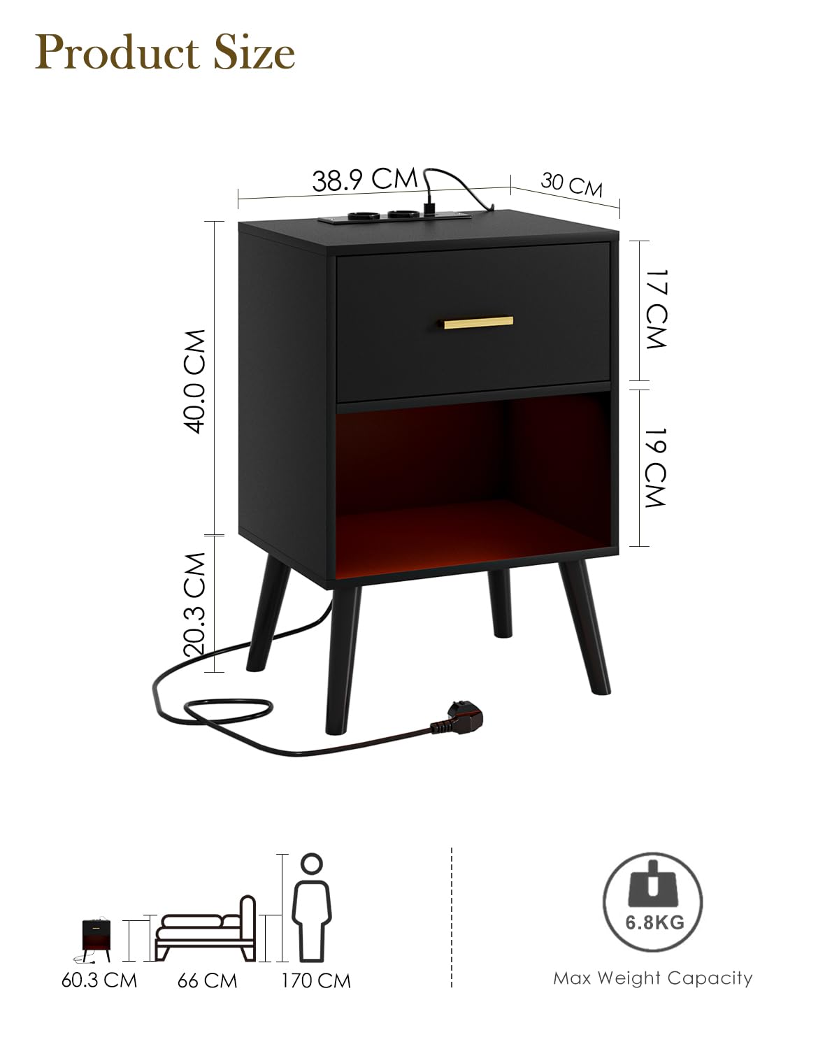 table de chevet avec prise - Noir - Charge et USB - LED avec tiroir - Appoint pour chambre à coucher, salon