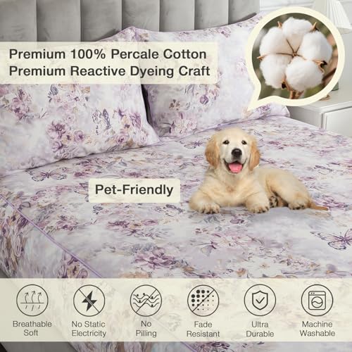 Image of Purple Floral Queen Sheet Set 100% Cotton, Butterfly Patterned Vintage Percale Bed Sheets, Shabby Chic Luxury Toile Bedding, Deep Pocket Crisp Soft Farmhouse Flower Fitted Sheet 4Pcs