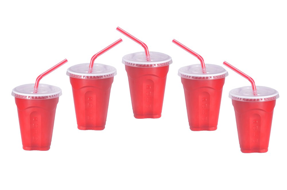 Solo 9 Oz Plastic Cup, Lid, & Straw Combo Pack, (50- Sets) Red