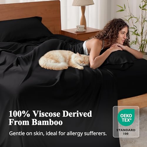 Image of Full Size Sheet Set, Viscose Bamboo Sheets 4pcs, 100% Viscose Derived from Bamboo, Hotel Luxury Silky & Cooling for Hot Sleepers, Deep Pocket up to 17 inch, Black