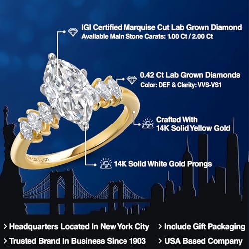 Gem Stone King 1-2 Cttw 14K Two Tone Gold IGI Certified Marquise Cut White Lab Grown Diamond Engagement Ring For Women | F-G Color | VS1 Clarity | Available in Size 5, 6, 7, 8, 92