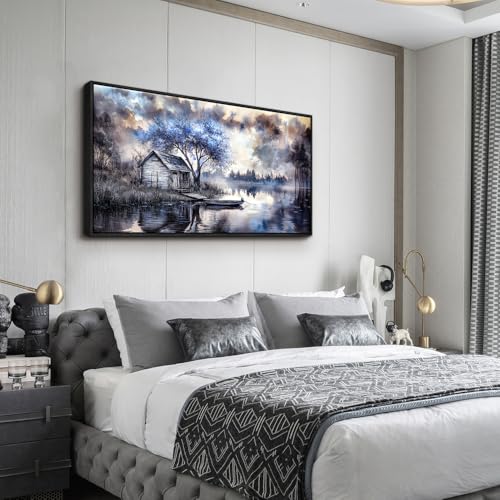 ERQINHUA Wall Art For Living Room Canvas Wall Decor For Bedroom Office Decoration Blue Tree Lakeside Landscape Painting Art Print Modern Beach Posters Ready To Hang Home Decor Black Frame 20"x40"