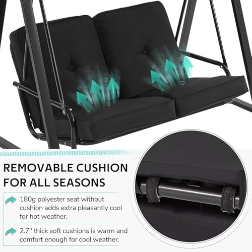 Image of AECOJOY 2-Seat Outdoor Patio Swing Chair with Adjustable Canopy, Porch Swings Chairs for Adult, Outside Swing Bench with Removable Cushion, Suitable for Backyard, Garden, Yard, Poolside, Balcon, Black