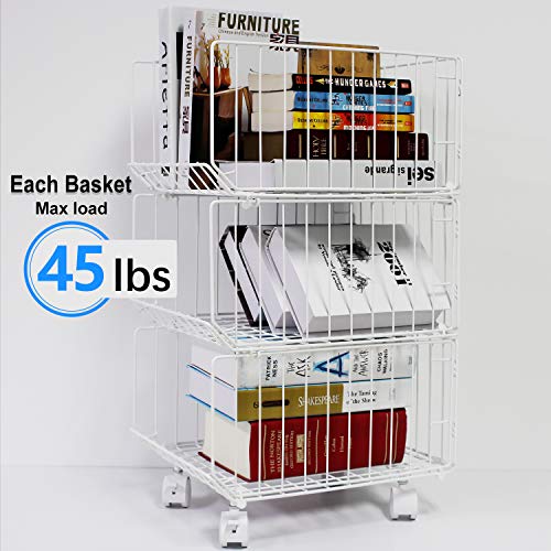 Storage Organizer, Foldable Stackable Storage Bins 3 Tiers Rolling Metal Wire Cart Baskets with 4 Wheels DIY Closet Organizer for Bathroom Bedroom Kitchen Living Room Office - Thumbnail 5