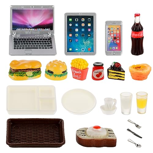 TIESOME Dollhouse Miniatures Laptop Food Drink Set, 21 Pcs Simulation Phone Computer Hamburger Breakfast Model 1:12 Doll House Decoration for Photo Props DIY Pretend Play