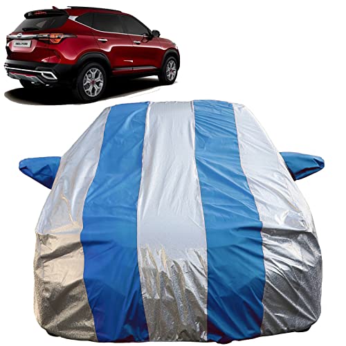 Image of Autofact Waterproof Car Body Cover Compatible with Kia Seltos (2020 to 2022) with Mirror Pockets (Blue Stripes with Shinning Silver Fabric /Waterproof Cover)