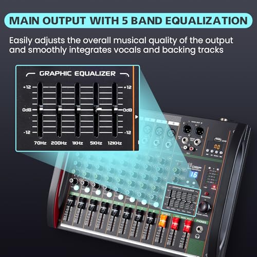 Image of Audio Mixer 8 Channel, Professional Music Sound Mixer Board with 48V Phantom Power, Digital DJ Mixing Console with Reverb USB Port Bluetooth for Recording Karaoke Podcasting