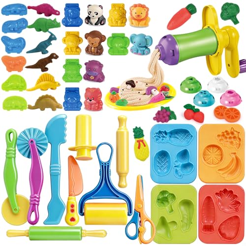 31 Pcs Dough Tools Dough Play Tools Set + Kitchen Spaghetti Maker Machine Clay and Dough Accessories with Rolling Pins Clay Cutters Safety Scissors 3D Dino & Animal & Fruit Molds