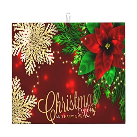 Dish Drying Mat Poinsettia Gold Snowflake Christmas Xmas for Kitchen Counter Absorbent 16x18 Inch Microfiber Dishes Plate Glass Dry Draining Pad Reversible Washable Cover