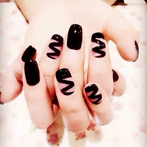 Yean Set of 24 False Nail Chic Black Ribbon Frosted Glossy Bridal Fake Nail Full Nail Tips - Press on Nail Short Stiletto with Glue and Adhesive Tab for women and girls