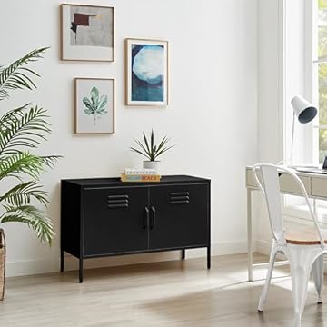 Furniturebox UK Black Metal 2 Door Sideboard - Teksi - Industrial Metal Locker Filing Style Cabinet - Living Room Bedroom Bathroom Office Storage - Drinks Cabinet - Modern Fun Design