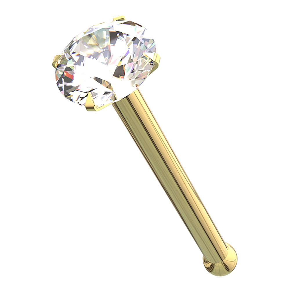 Monster Piercing 14K Echtgold Nasenpiercing Nasenstecker mit Kristallstein, 22G (0,6 mm), 6 mm Stablänge, Stein in verschiedenen Größen erhältlich, Hypoallergen, Nickelfrei