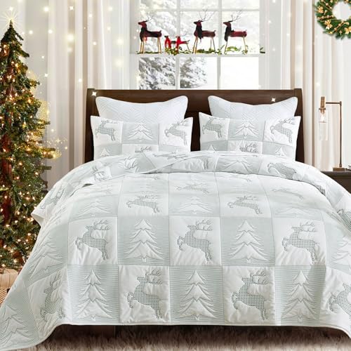 Image of Grassix Christmas Quilt Set King Size, Holiday Bedding Coverlet, White