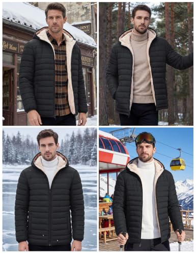Image of Cotrasen Mens Puffer Jacket Sherpa Lined Water Resistant Hooded Full Zip Mid-Weight Warm Insulated Winter Coat