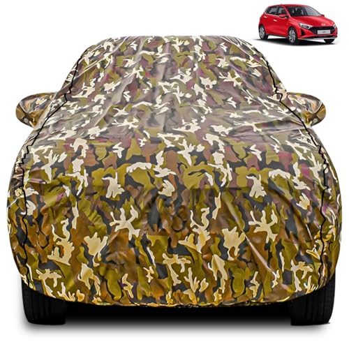 Image of FABTEC Car Body Cover for Hyundai i20 New Jungle Print with Soft Cotton Lining Waterproof Car Cover UV & Rain Protection with Mirror Pocket Bottom Elastic (Military /Camouflage Pattern)