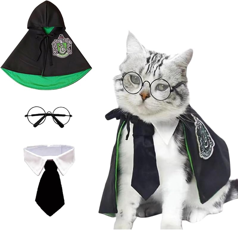 Fantasia de Halloween para Cães e Gatos ANIAC com Capa de Mago, Óculos e Gravata Preta (Grande)