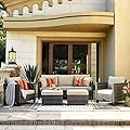 XIZZI Outdoor Rattan Patio Furniture Set, 5 Pieces All Weather Grey Wicker Conversation Set with Sofa Couch, Chairs and Ottomans for Garden,Deck and Backyard (Beige)