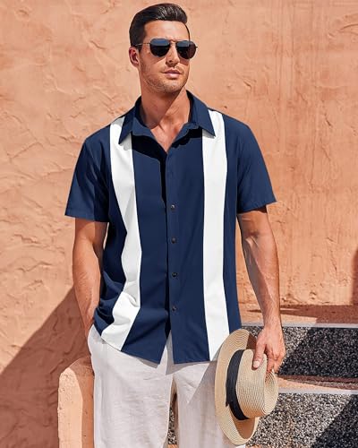 Mens Vintage Bowling Shirts Short Sleeve Button Down Guayabera Beach Shirts for Men - Image 5