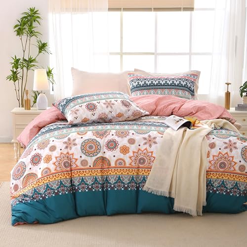 MUXHOMO Duvet Cover Full Size Floral Duvet Cover Set with Zipper Closure, Boho Flower Bedding Set, 3 Pieces, 1 Duvet Cover 80"x90" with 4 Corner Ties and 2 Pillowcases 20"x26"