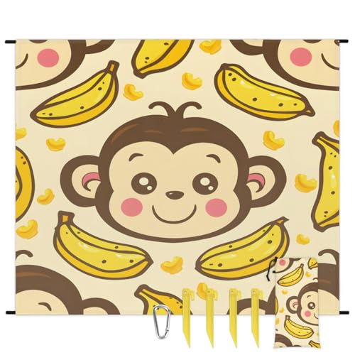Eabrults Waterproof Sandproof Beach Blanket, 59''×68'' Animals Monkeys Polyester Outdoor Picnic Blanket with 4 Stakes & Storage Bag for Beach,Camping,Vacation Yellow & Brown