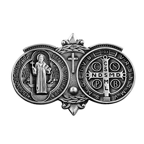 Saint Benedict Medal Visor Clip | Patron Saint of Students and Europe | Dark Silver-Tone Metal | Catholic Auto Accessory | Great Gift for Confirmation and Graduation