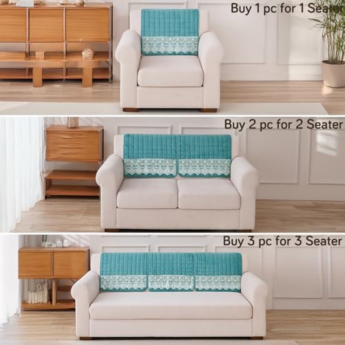 Image of HOKIPO 'BelleLace Series' Imperial Milk Velvet Sofa Backrest Mat Cover with Lace | Anti-Slip | 1 Pc - Teal (AR-6311-TEAL)