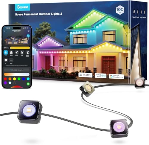 govee permanent outdoor lights 2 100ft rgbic outdoor lights with 72 led lights ip67 waterproof 100 scene modes with 40lm white for outdoor decorations works with alexa google assistant black