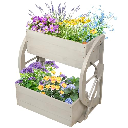 ZSYWODFO Wooden Wagon Planter Box,2-Tier Flower Pot with Wheels for Indoor & Outdoor,Rustic Garden Decor for Patio/Garden/Balcony,Gray,22.04x22.04x21.65in