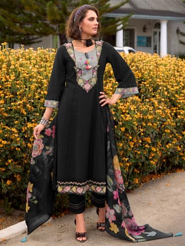 Image of INDO ERA Women's Anarkali Pure Cotton Floral Printed Embroidered Kurta & Pant with Dupatta Set (IEOUT10688)