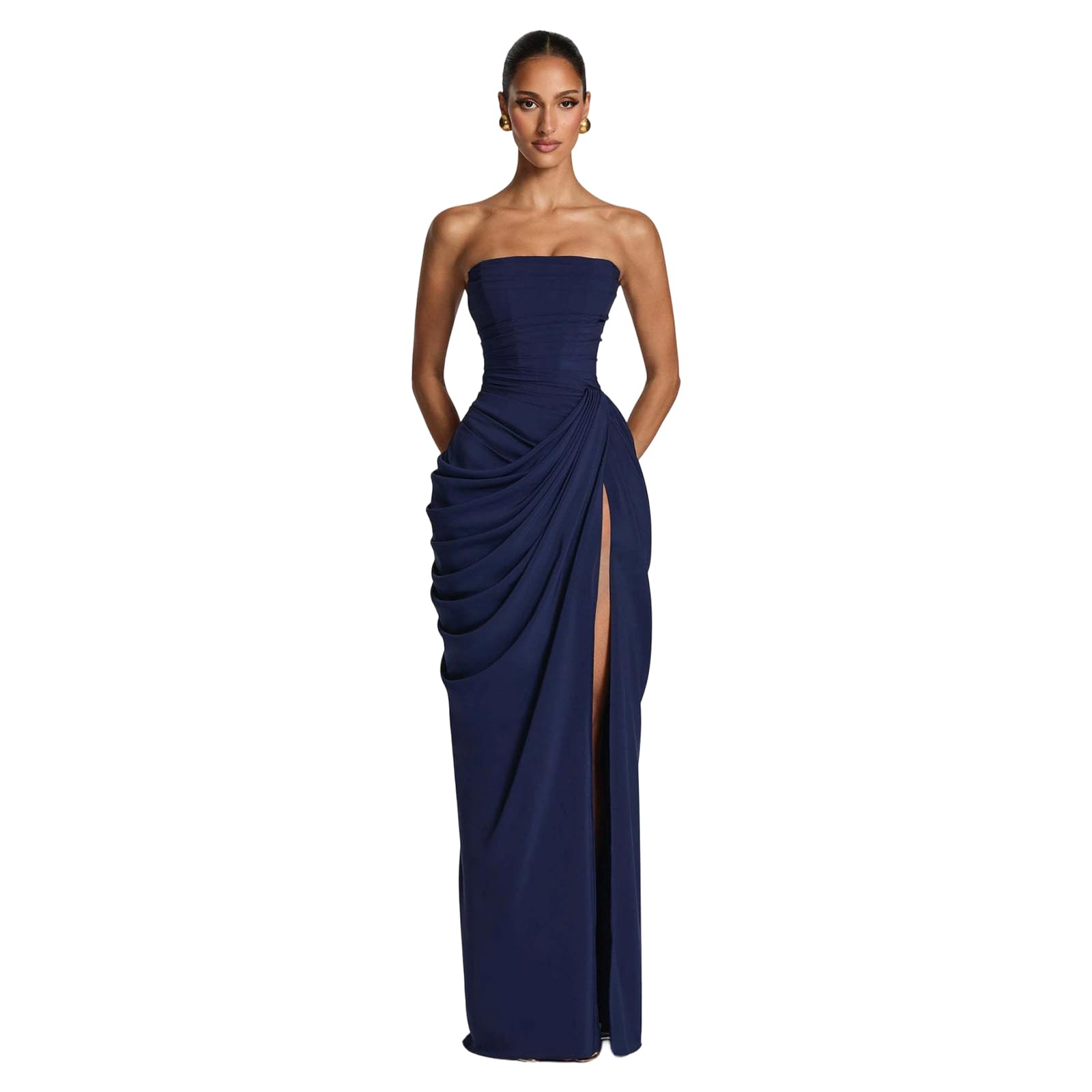 Vestido para mujer, diseño fruncido, tela de poliéster suave, sin tirantes, vestido de dama de honor, elegante vestido formal de invitada de boda