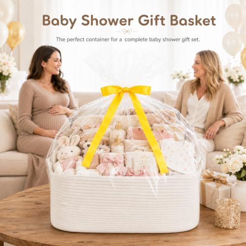 Image of OIASKET XXL Large Empty Cotton Rope Gift Basket with Handles, 20.1 inchx14.6 inchx8.7 inch Decorative Woven Storage Basket with Gift Bag and Ribbon Set for Baby Shower, Toy Organizer for Kids, Dogs & Cats - White