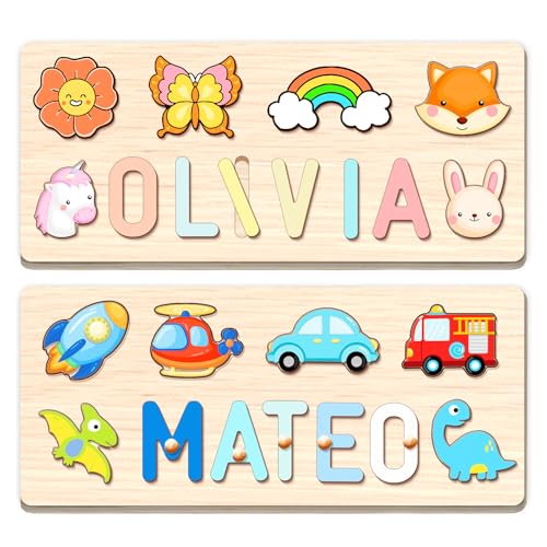 Easter Basket Stuffers, Personalized Wooden Name Puzzle for Toddlers 1-3, Learning Toys for 1 Year Old Girl Boy, Baby First Birthday Gifts, Easter Gifts for Kids with Engraved Text