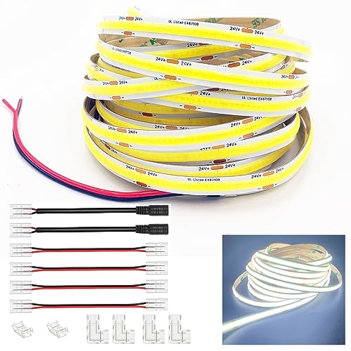 LAMPSERO COB LED Strip Lights DC 24V, 10M/32.8FT Light Strip, 6000K Cool White, 11W/M, 4800 LEDs CRI90 High Density Tape Light, for Home, Kitchen, Living Room, (Power Supply is not Included)