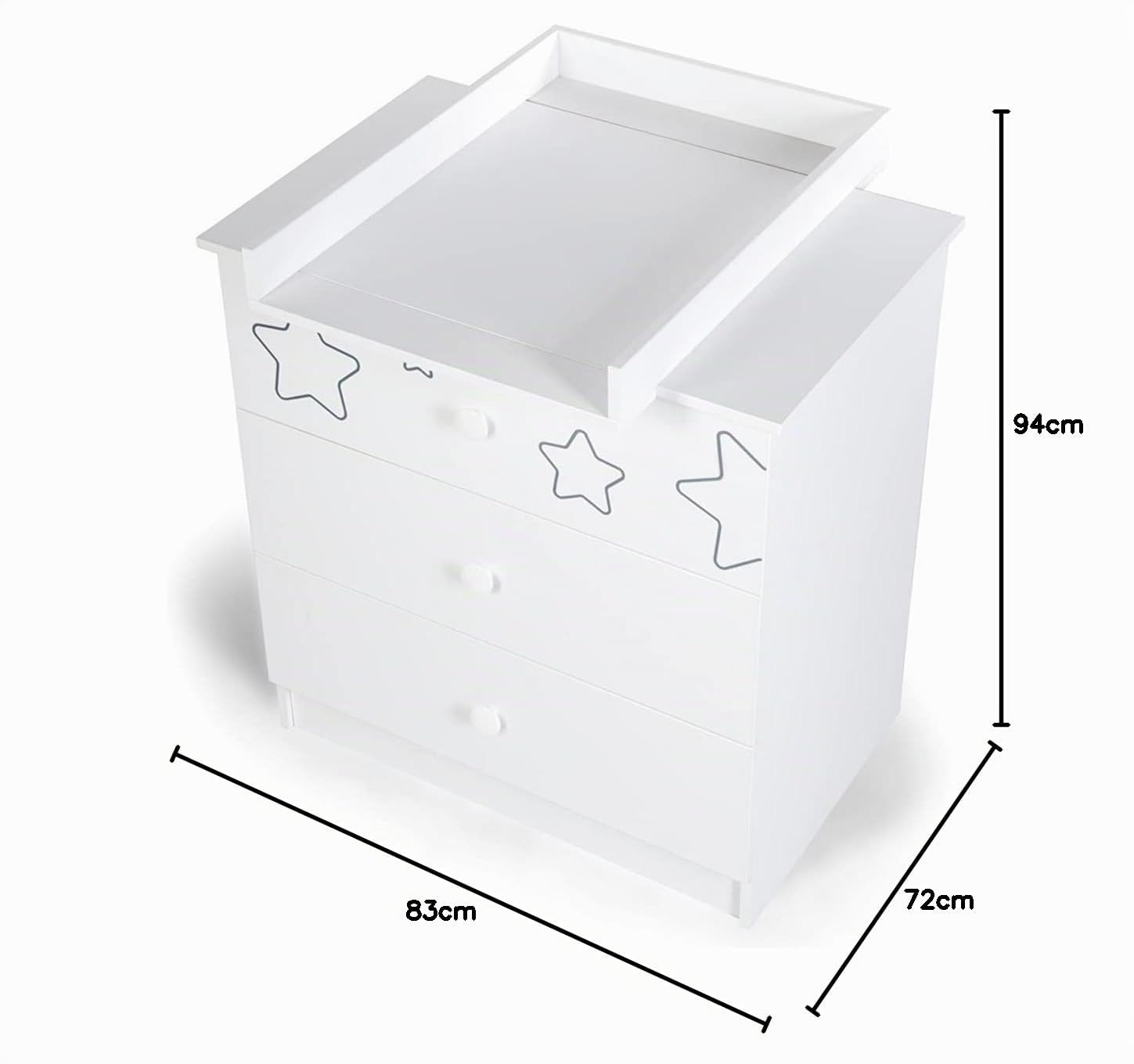 Tino Commode Enfant 3 tiroirs Motifs étoiles + Plan à Langer Amovible Blanc 83x54x87cm