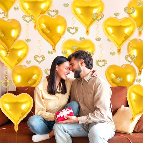 Image of 24 Pcs Gold Heart Balloons, 100 Pcs Heart Hanging Streamers, 18 Inch Heart Foil Balloons Valentine's Day Balloon Love Balloon for Valentines Day Proposal Wedding Party Decorations