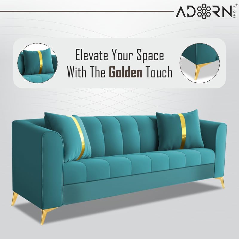 Image of Adorn India Premium Mystic - 3 Years Warranty - 3 Seater Sofa Velvet Suede Fabric - Aqua Blue