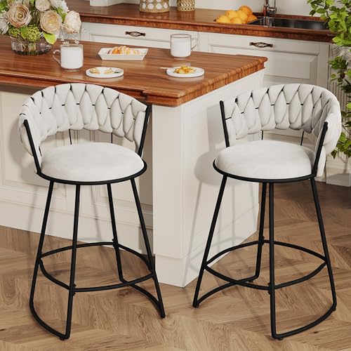 Butacos tapizados ALISH, juego de 4, con respaldo tejido y reposapiés metálico, estilo moderno para cocina y comedor (24 pulgadas, conjunto Ivy)