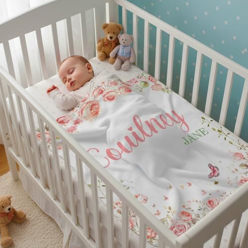 Image of Personalized Baby Blanket with Name, Custom Name Blanket for Kids Soft Flanne Blankets in Easter Personalized Baby Gifts for Infant Newborn Shower (Rose)