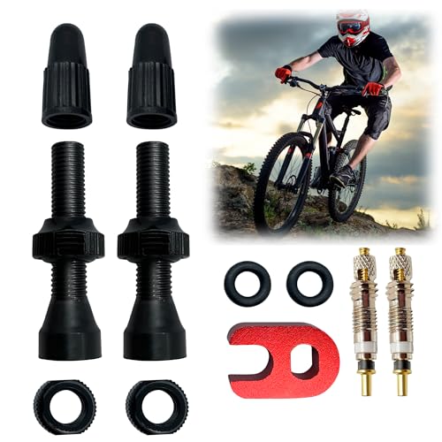 Kit 2 Valvula Tubeless MTB 29, con Herramienta de extracción obuses tubeless MTB, valvulas para Bicicletas de Aluminio(40mm),garantizan un Cierre hermético. (Juntas, Tuercas y Tapones incluidos)