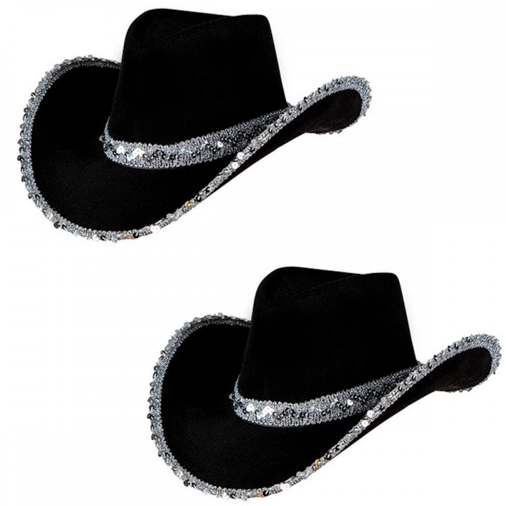 Adult Ladies Black Sequin Texan Cowboy Hats 2 PACK : Wild West Cowgirl Hen Do Night Fancy Dress Accessory