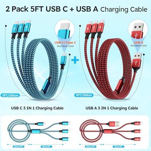 Image of USBC Charger Cable, USB A /C to USB C Multi Charging Cable, Charger Cord Type C [2Pack 5Ft], 3 in 1 Multi Charger Cord, USB C Cable with 3 Type-C Connectors for iPhone 17 /16 /15, Galaxy S24 /23, iPad