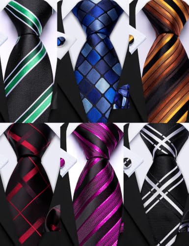 Image of Barry.Wang 6 PCS Men Ties Set Silk Business Fashion Woven Necktie Handkerchief Cufflinks Paisley Stripe Wedding Party