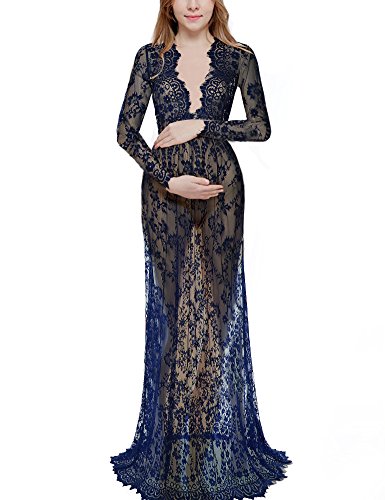 Saslax Women's Deep V-Neck Long Sleeve Lace See-through Wedding Maxi Dress,Blue,Small Saslax Women's Deep V-Neck Long Sleeve Lace See-through Wedding Maxi Dress,Blue,Small