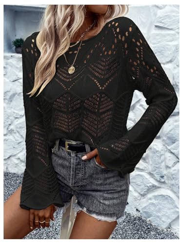Women's Crochet Sweater Hollow Out Lightweight Sweaters Crew Neck Long Sleeve Casual Pullover Knit Top4