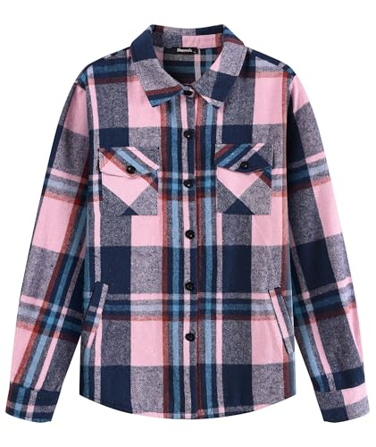 Shawnda Women's Brushed Flannel Shirt Jacket Shacket Long Sleeve Cotton Button Down Plaid Jacket Shirt with Pocket2