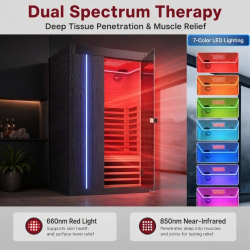 Image of 2 Person Low EMF Infrared Sauna with 9 Heating Panels for Home | 12 inch*12 inch Red Light Therapy, 120V - 2030W Indoor Dry Sauna, Bluetooth Speakers & Ambient Lighting, Canadian Hemlock