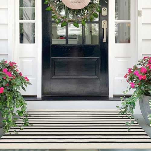 IOHOUZE Black Beige Striped Rug -2.3x3.6 Front Door Rugs Outdoor Small Washable Area Rug for Front Porch Spring Summer Welcome Mats Outdoor Indoor Doormat for Entryway Porch Entrance