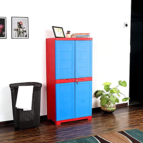 Image of Cello Novelty Big Plastic 2 Door Cupboard with 3 Shelves (Green and Yellow) & Novelty Plastic 1 Door Big Cupboard - Red and Blue